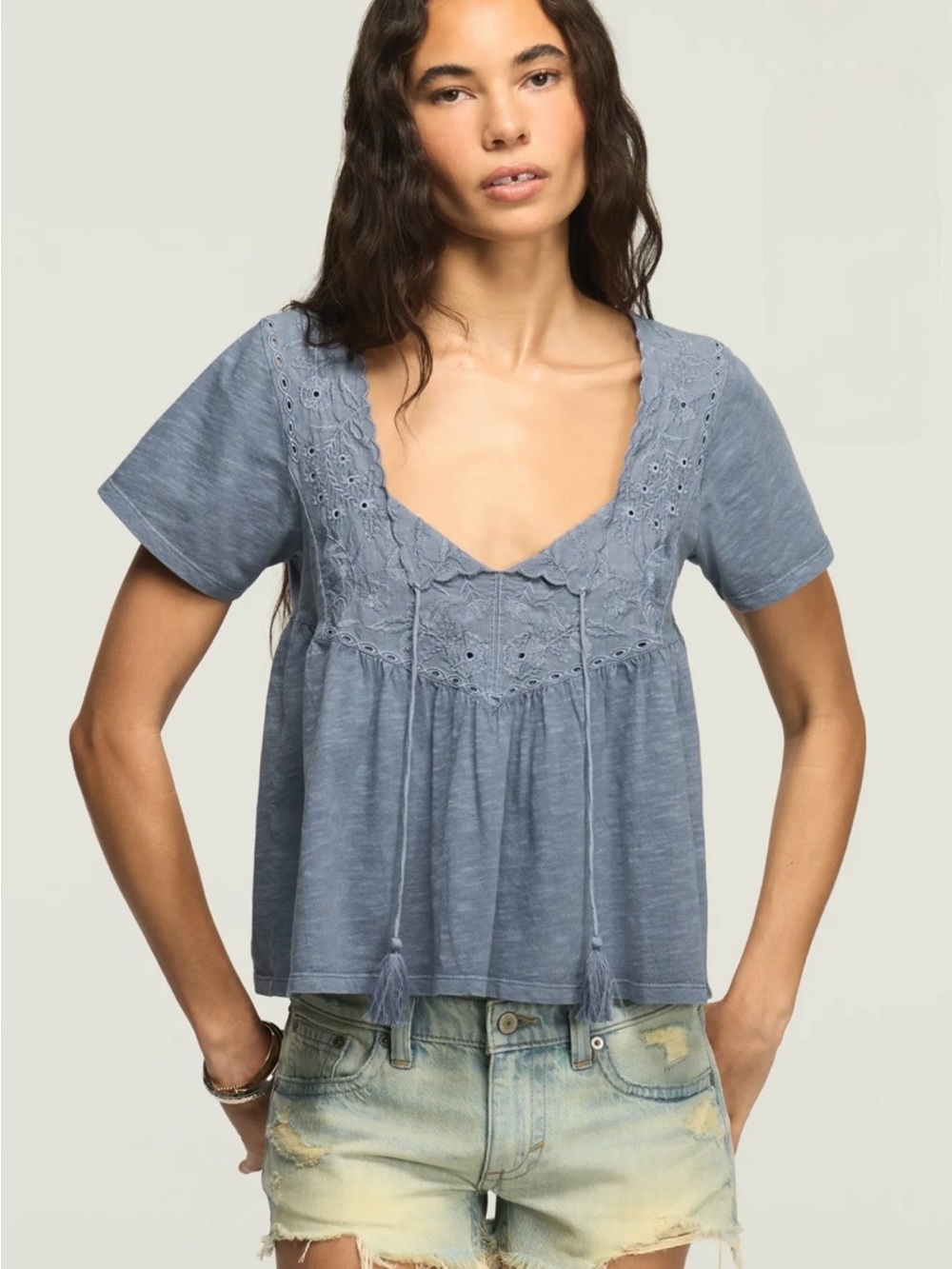 Lucky Brand Embroidered Yoke Tassle Top Grisaille Blue Size S - Picture 2 of 7
